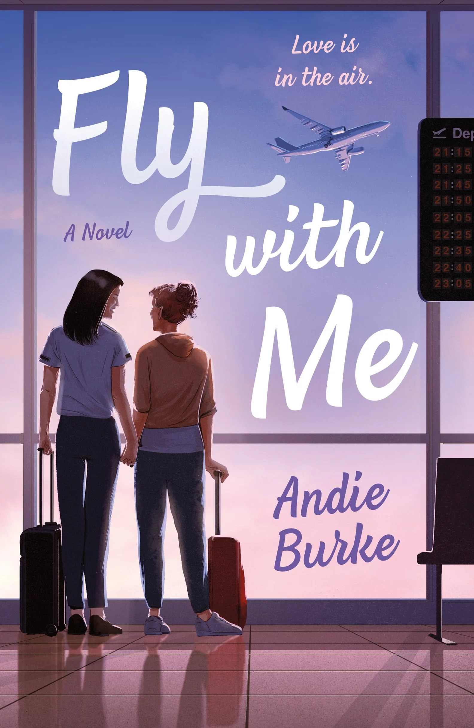 Two women standing with luggage in front of an airport window, looking at each other, smiling. The title, author, and quote "Love is in the air" are also on the cover.
